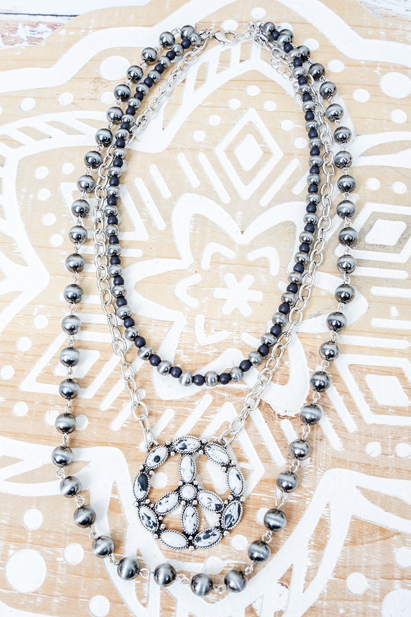 Howlite Pueblo Peace Layered Silver Pearl Necklace - Wholesale Accessory Market