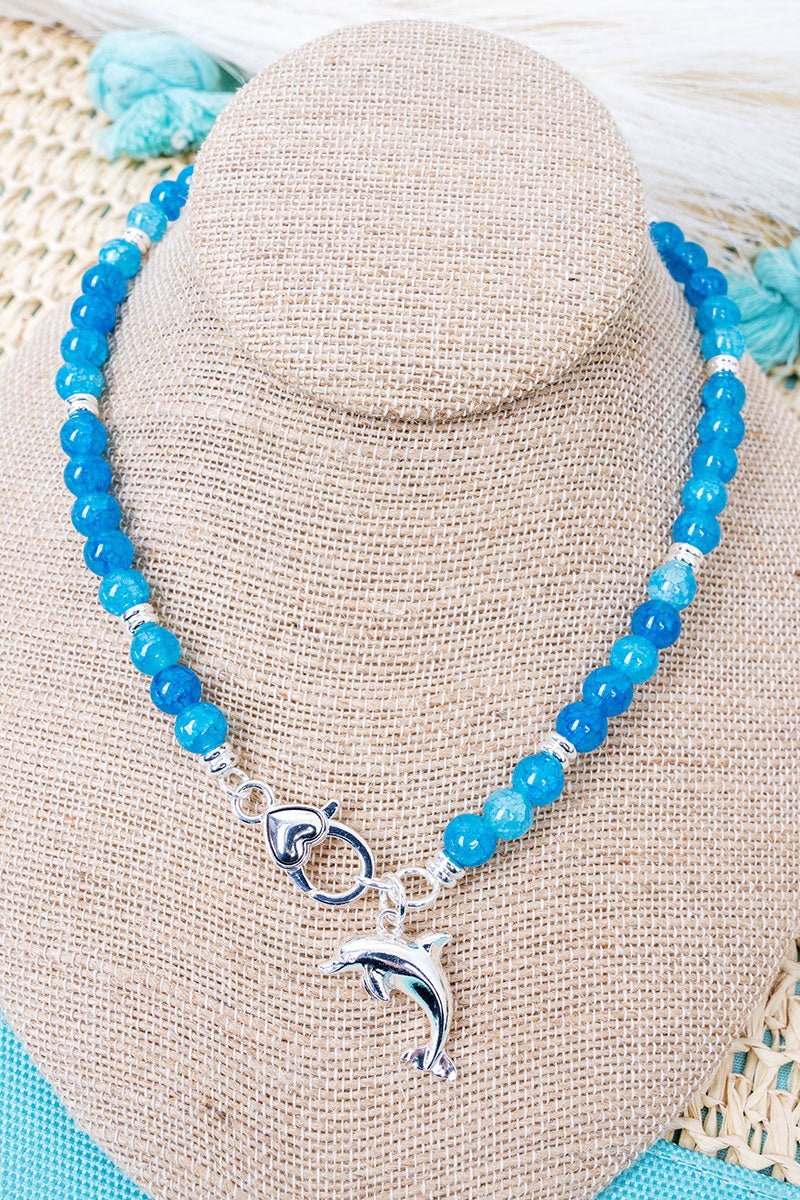 Ocean Calling Dolphin Blue Beaded Silvertone Necklace - Wholesale Accessory Market