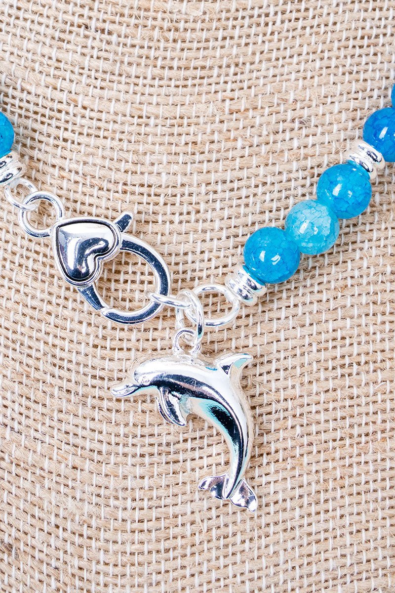 Ocean Calling Dolphin Blue Beaded Silvertone Necklace - Wholesale Accessory Market