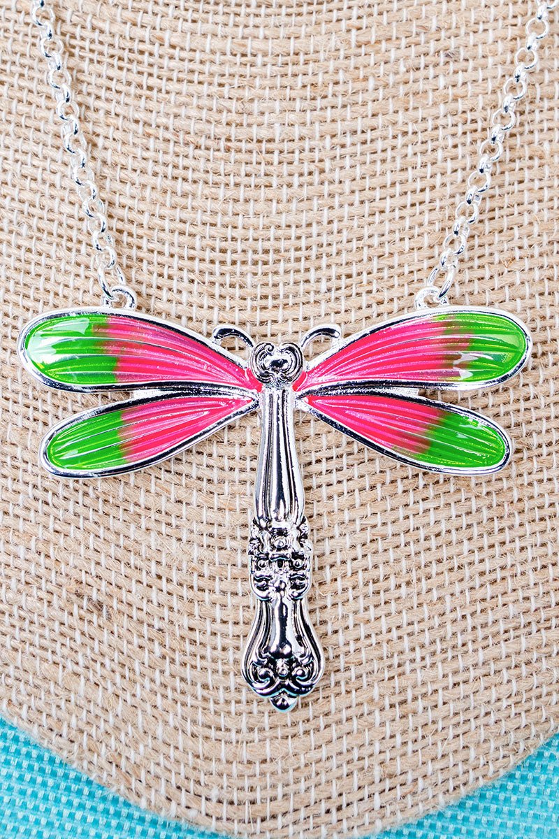 Garden Heirloom Pink Dragonfly Silvertone Spoon Necklace - Wholesale Accessory Market