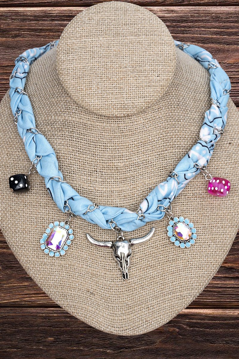 High Roller Steer Blue Fabric & Chain Necklace - Wholesale Accessory Market