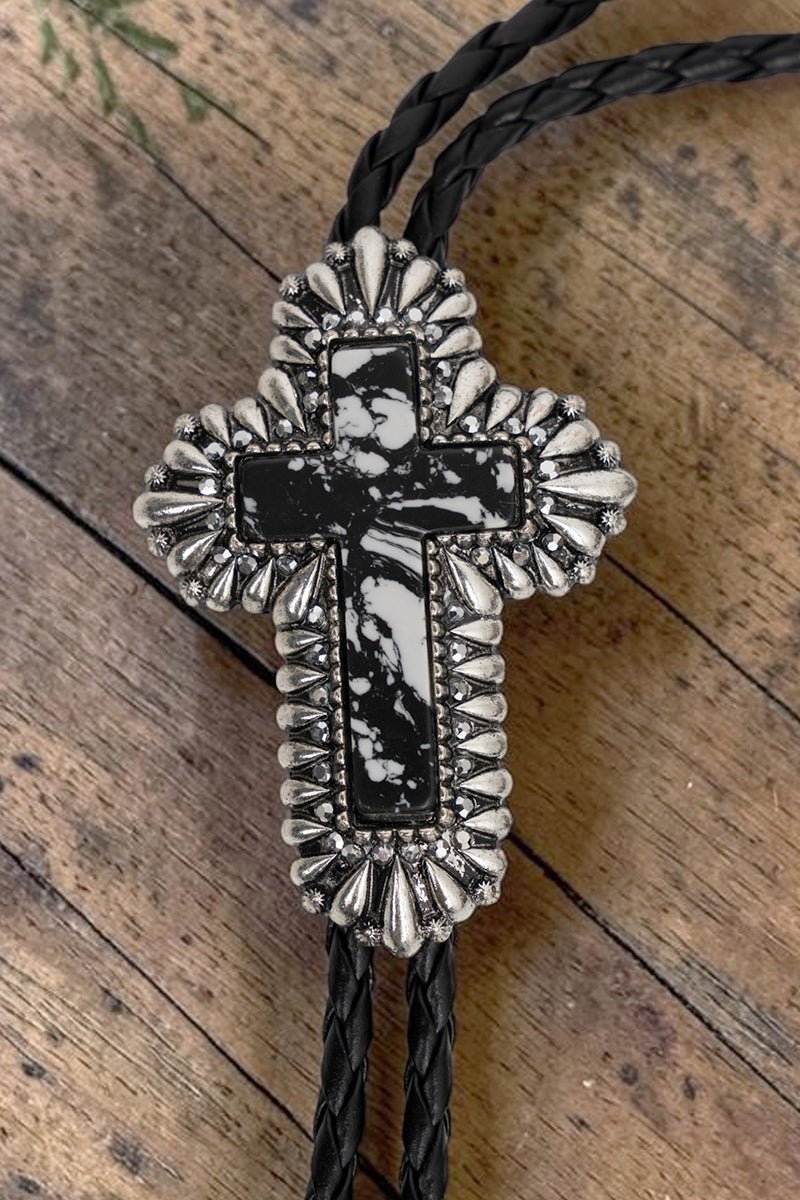 Black Marble Mesa Cross Bolo Tie Necklace - Wholesale Accessory Market