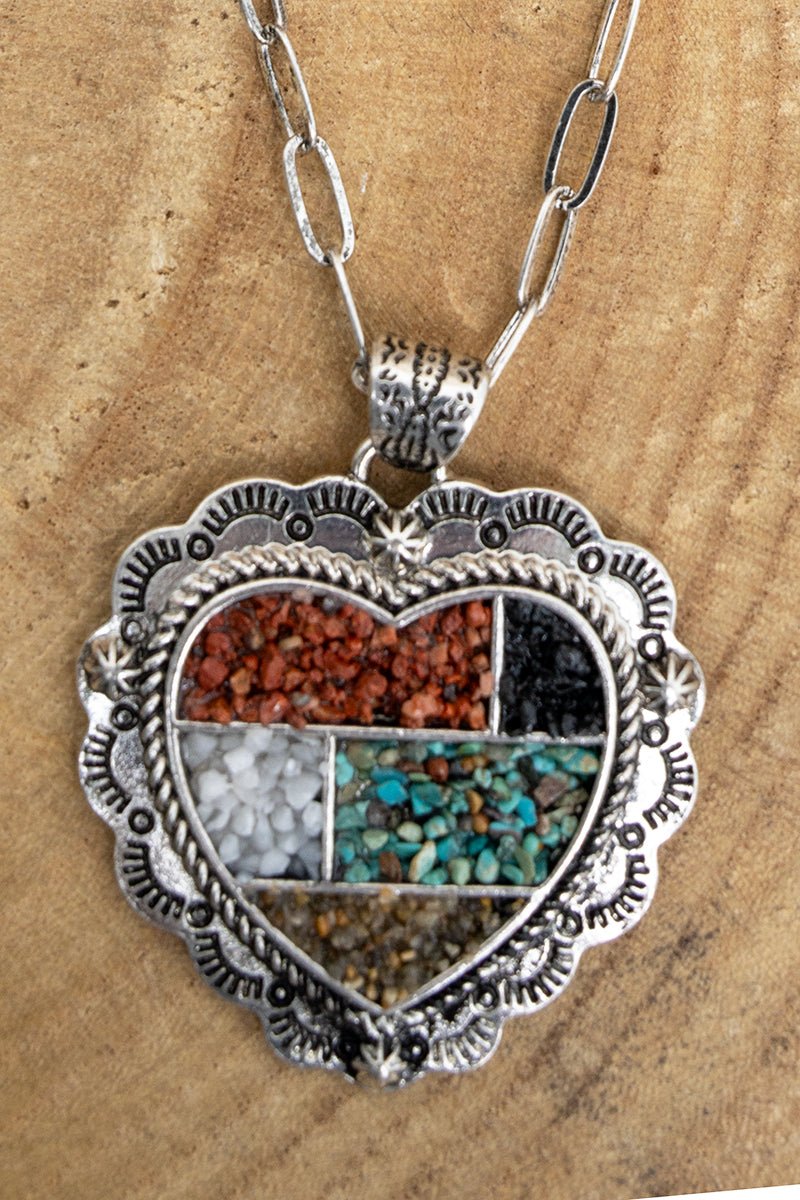 Multi - Color Mosaic Ridge Heart Silvertone Necklace - Wholesale Accessory Market