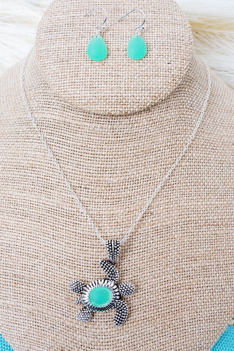 Mint Lagoon Luxe Turtle Silvertone Necklace and Earring Set - Wholesale Accessory Market