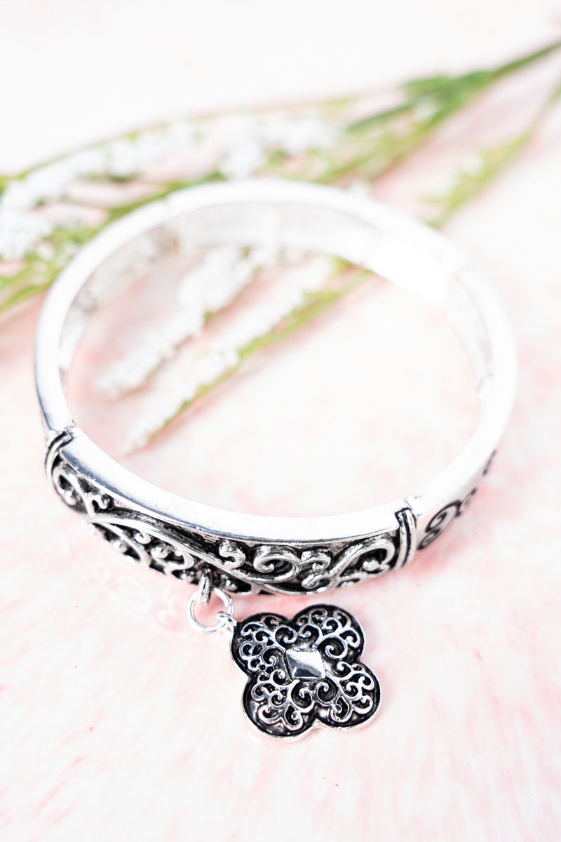 Isabella Quatrefoil Charm Silvertone Scroll Stretch Bracelet - Wholesale Accessory Market