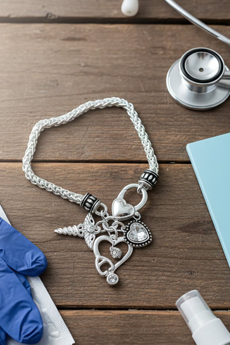 Heart of a Nurse Silvertone Charm Bracelet - Wholesale Accessory Market