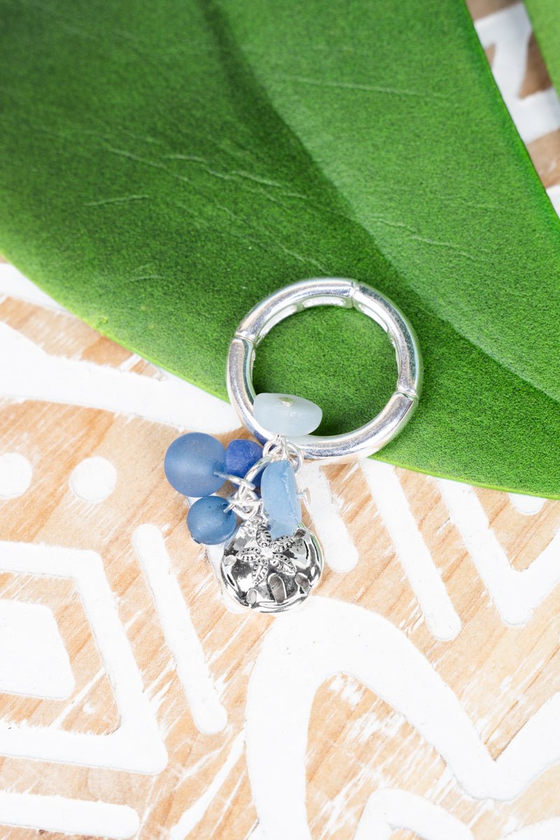 SALE! Blue Sea Glass and Sand Dollar Cluster Ring - Wholesale Accessory Market