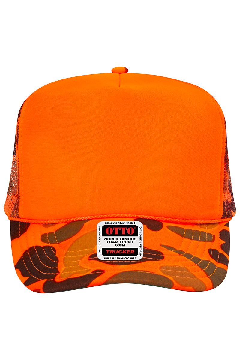 OTTO Neon Orange Camo with Solid Foam Front High Crown Trucker Hat - Wholesale Accessory Market