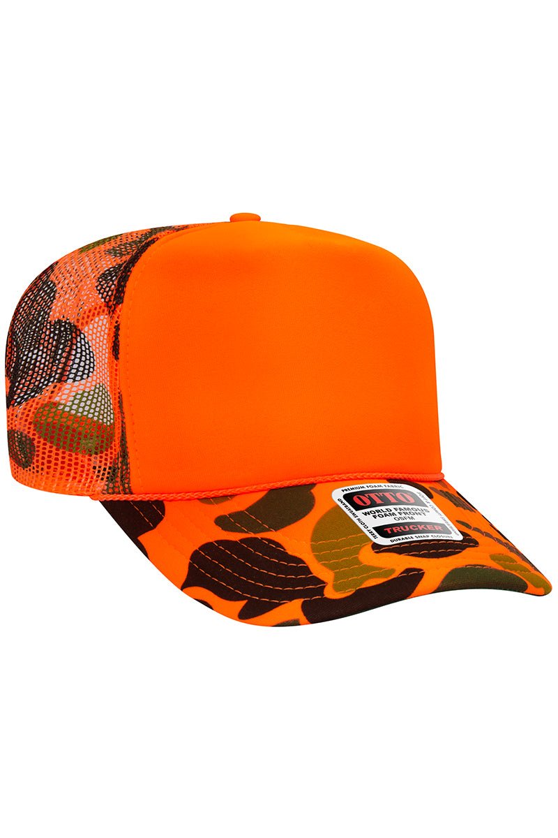 OTTO Neon Orange Camo with Solid Foam Front High Crown Trucker Hat - Wholesale Accessory Market
