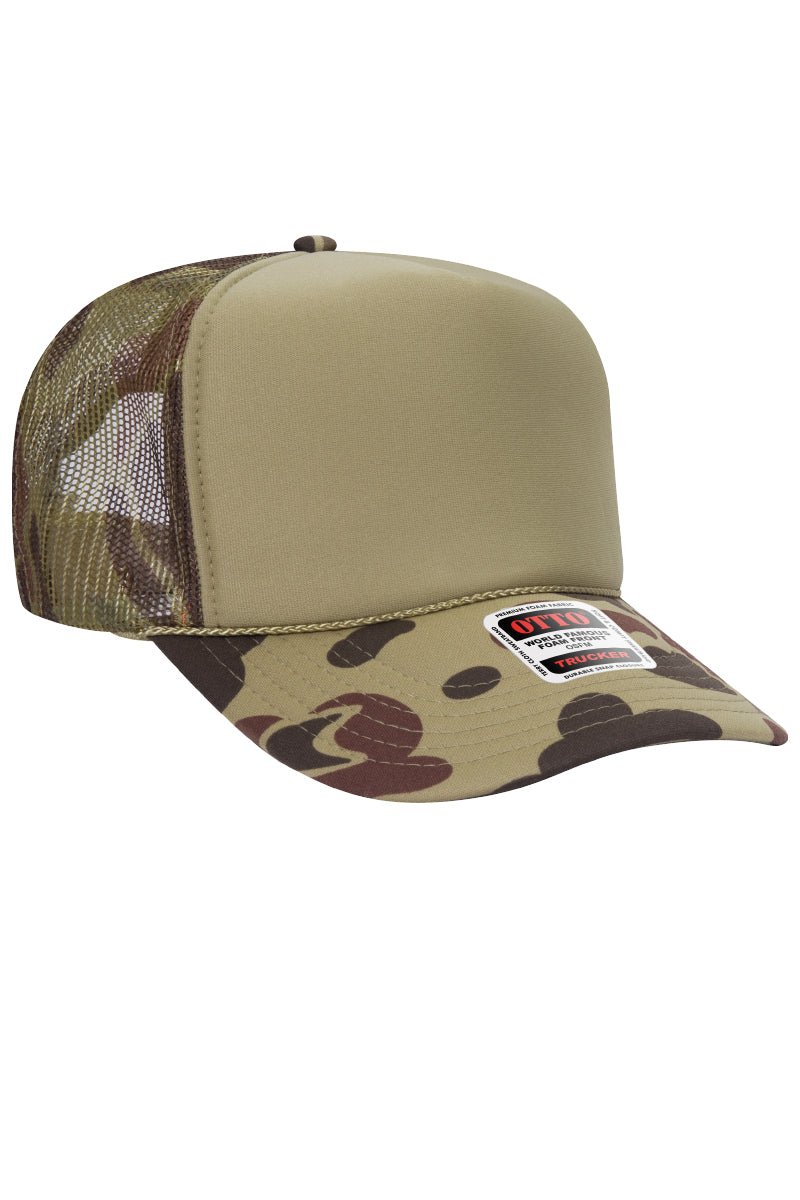 OTTO Camo with Moss Green Foam Front High Crown Trucker Hat - Wholesale Accessory Market