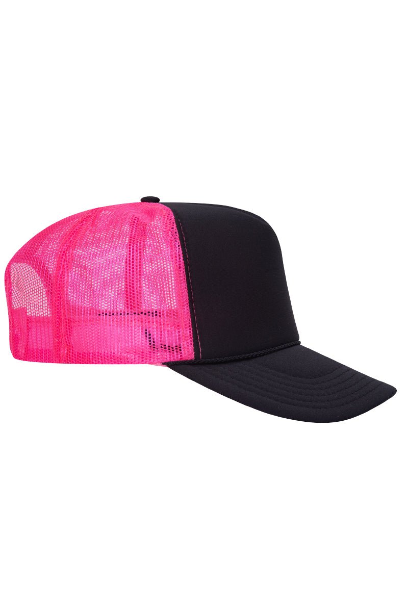 OTTO Black and Neon Pink Foam Front High Crown Back Split Color Trucker Hat - Wholesale Accessory Market