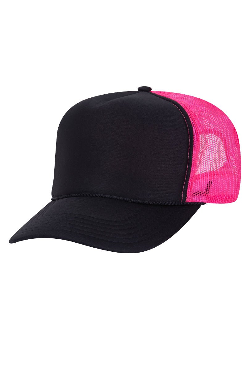 OTTO Black and Neon Pink Foam Front High Crown Back Split Color Trucker Hat - Wholesale Accessory Market
