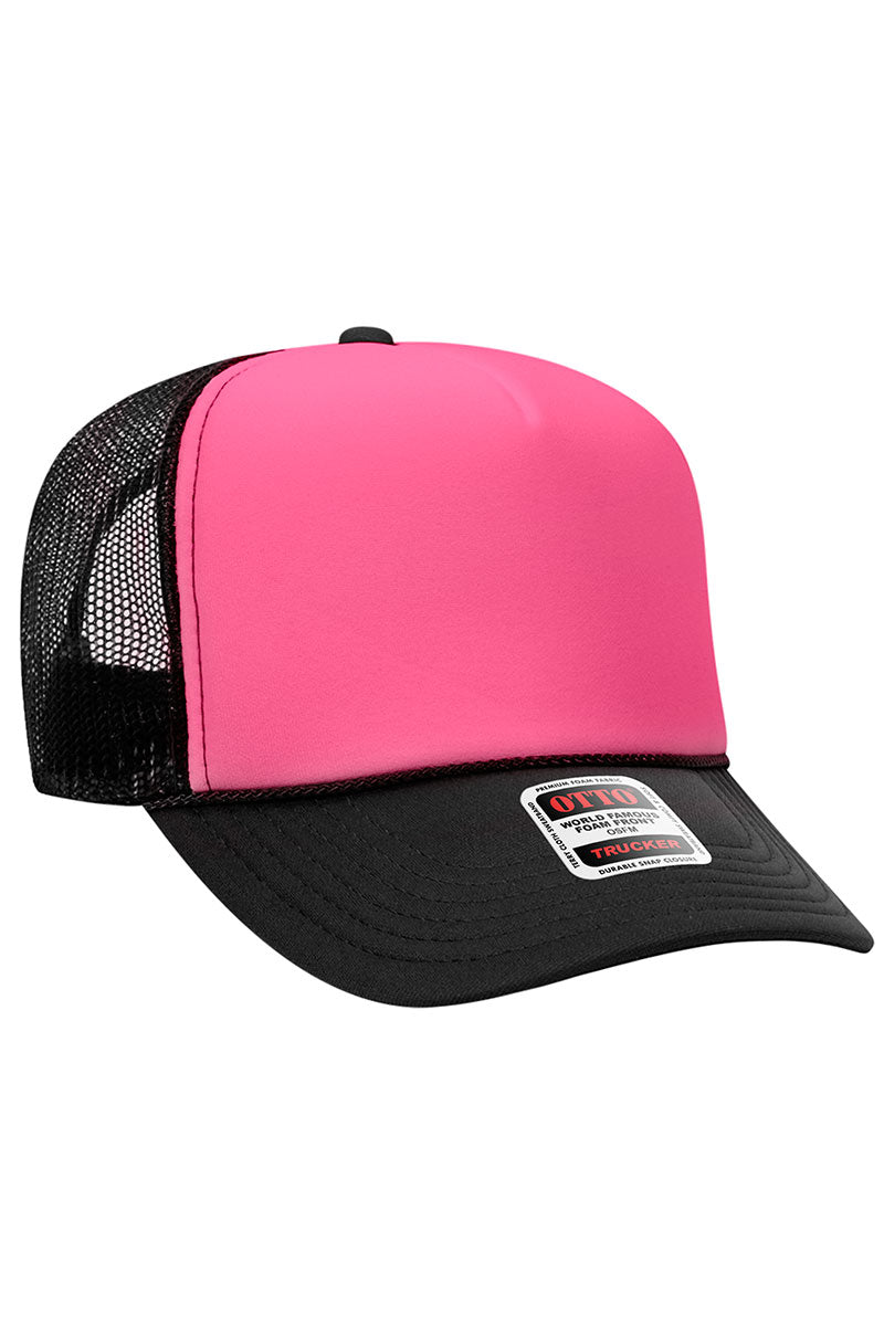 Black with Neon Pink Foam Front High Crown Trucker Hat - Wholesale Accessory Market