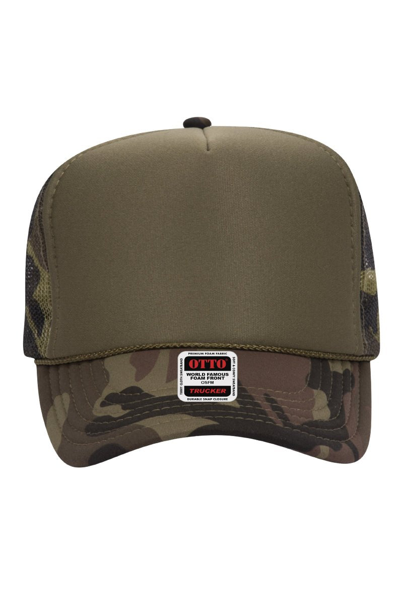 OTTO Camo and Olive Green Foam Front High Crown Split Color Trucker Hat - Wholesale Accessory Market