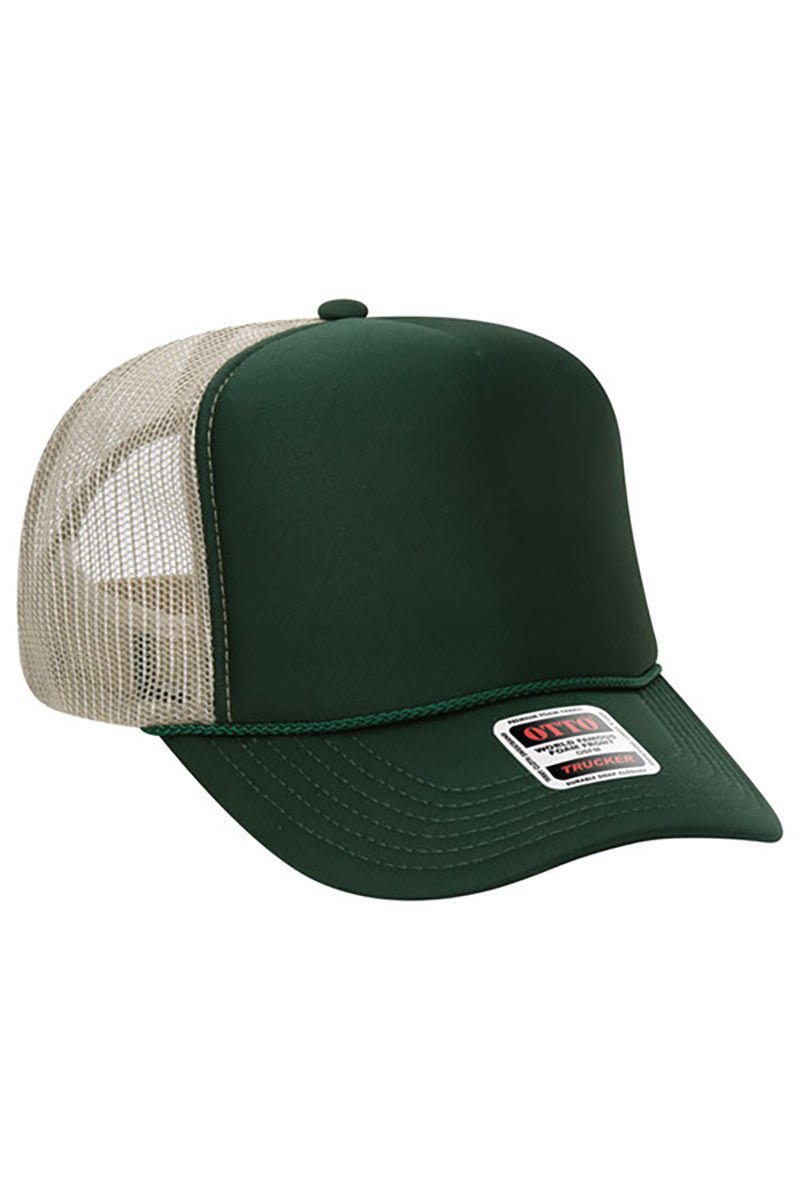 OTTO Dark Green and Khaki Foam Front High Crown Back Split Color Trucker Hat - Wholesale Accessory Market