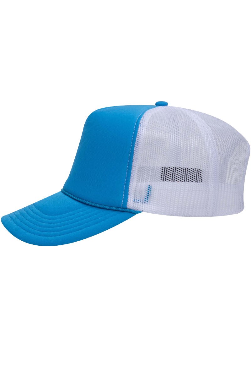 OTTO Neon Blue and White Foam Front High Crown Back Split Color Trucker Hat - Wholesale Accessory Market