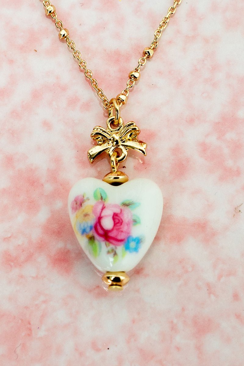 Crystal Avenue Pink Porcelain Heart Goldtone Necklace - Wholesale Accessory Market