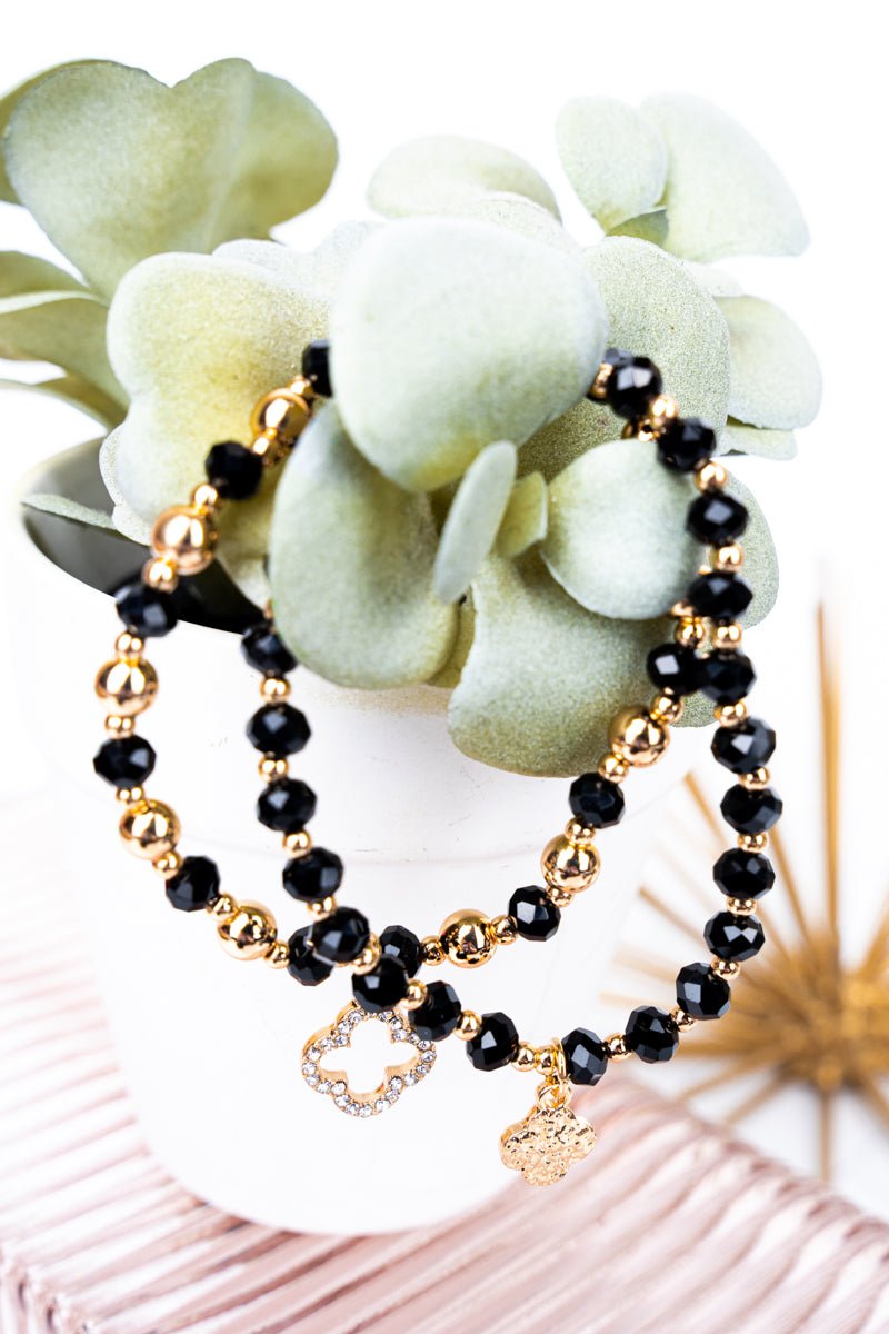 Crystal Avenue Double Trouble Quatrefoil Black Beaded Bracelet Set - Wholesale Accessory Market