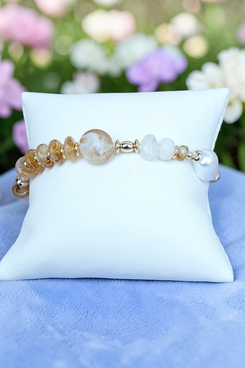 Crystal Avenue Brunch Plans Champagne and Pearl Beaded Bracelet - Wholesale Accessory Market