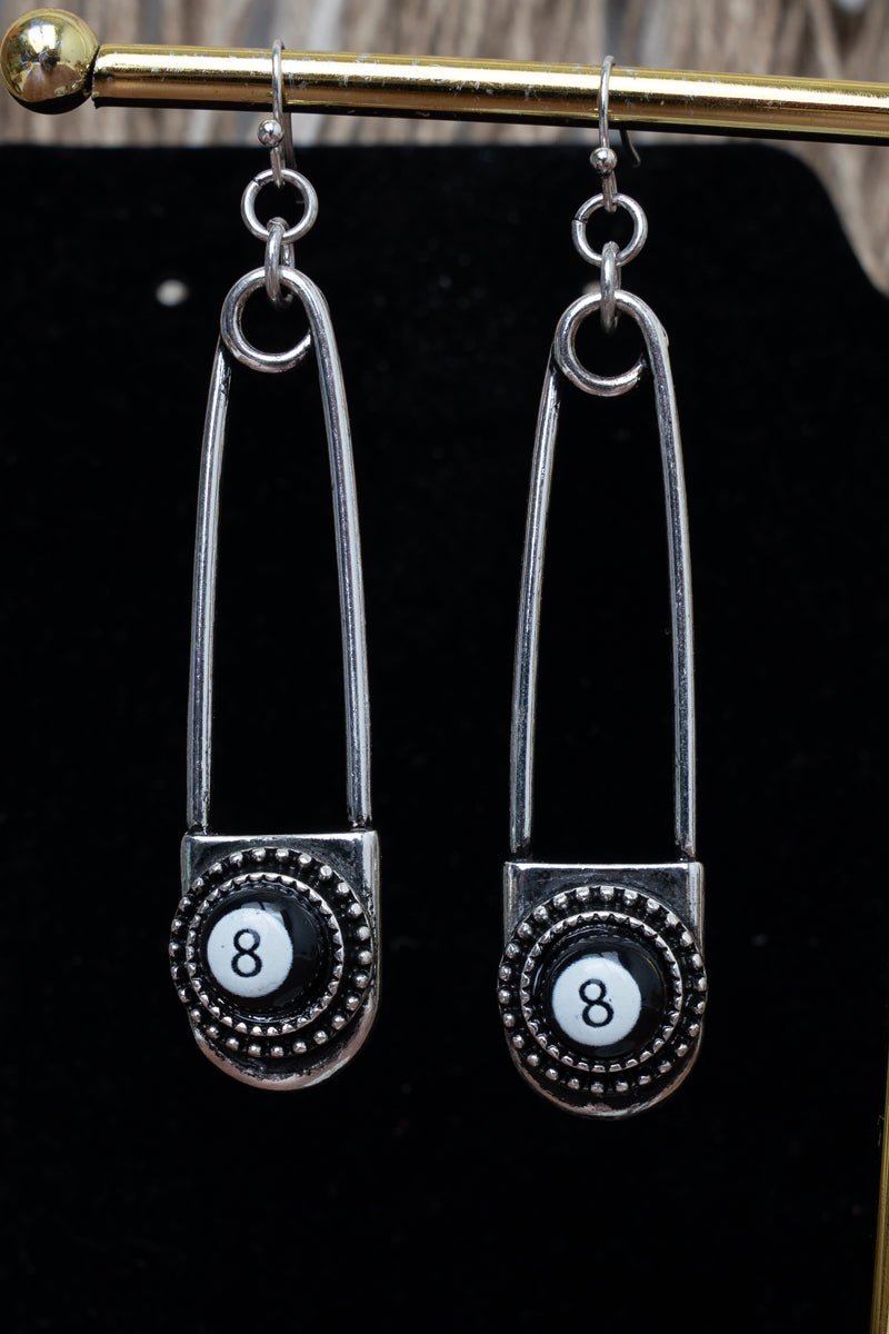 TIPI 8 Ball Safety Pin Silvertone Earrings - Wholesale Accessory Market