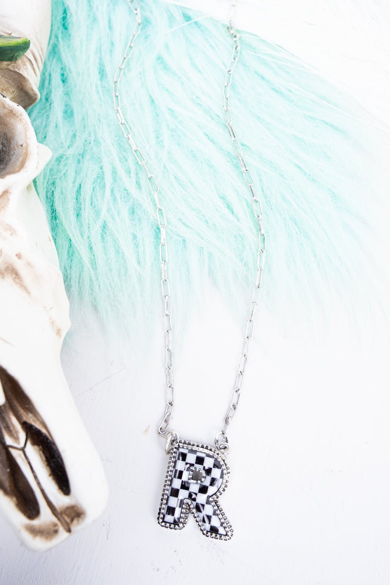 TIPI Black & White Checkered 'R' Silvertone Necklace - Wholesale Accessory Market