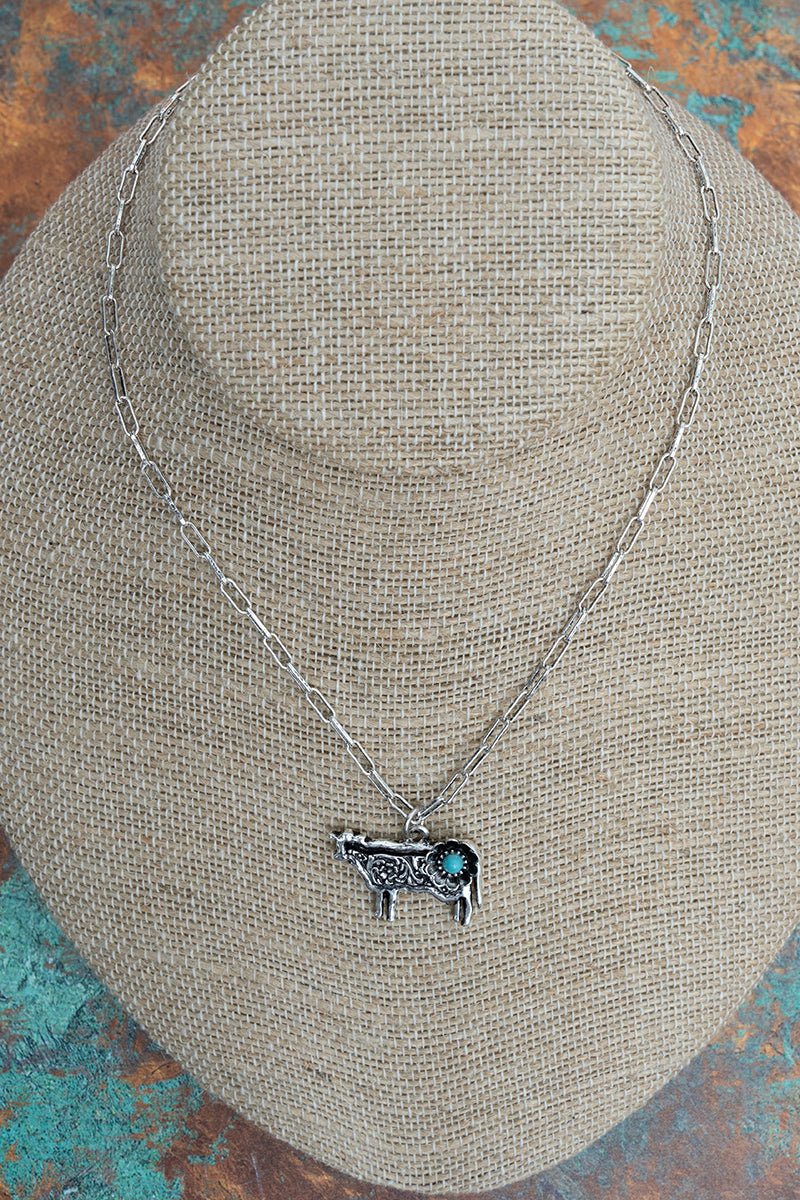 TIPI Turquoise Barnyard Blossom Cow Silvertone Necklace - Wholesale Accessory Market