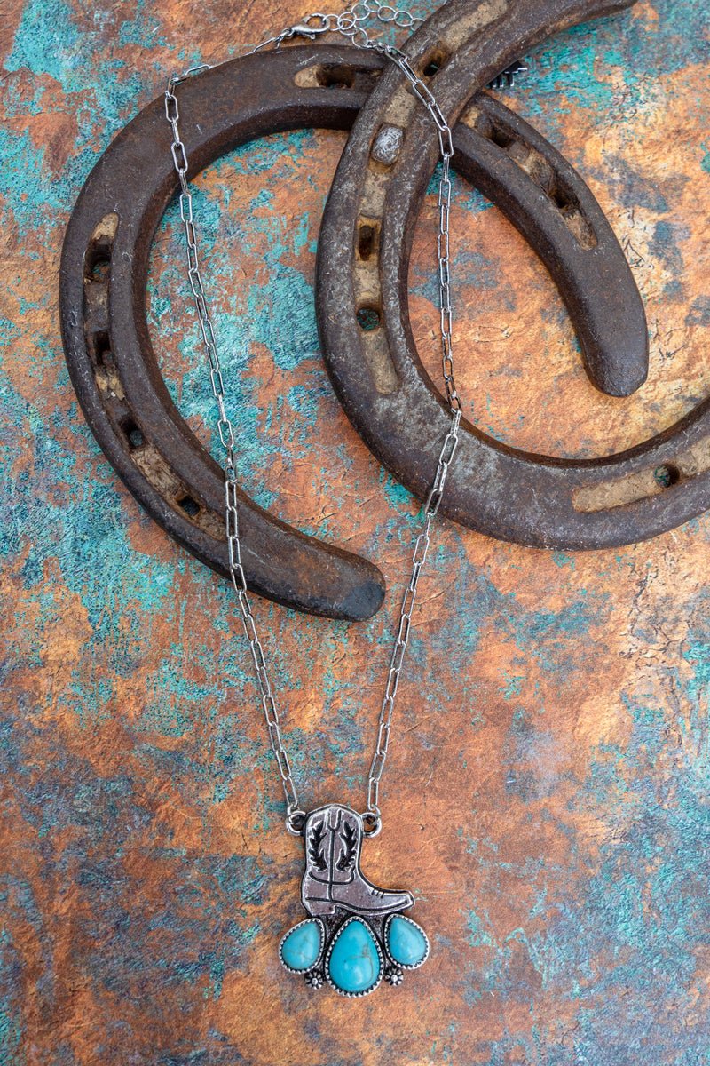 TIPI Turquoise Weatherford Boot Silvertone Necklace - Wholesale Accessory Market