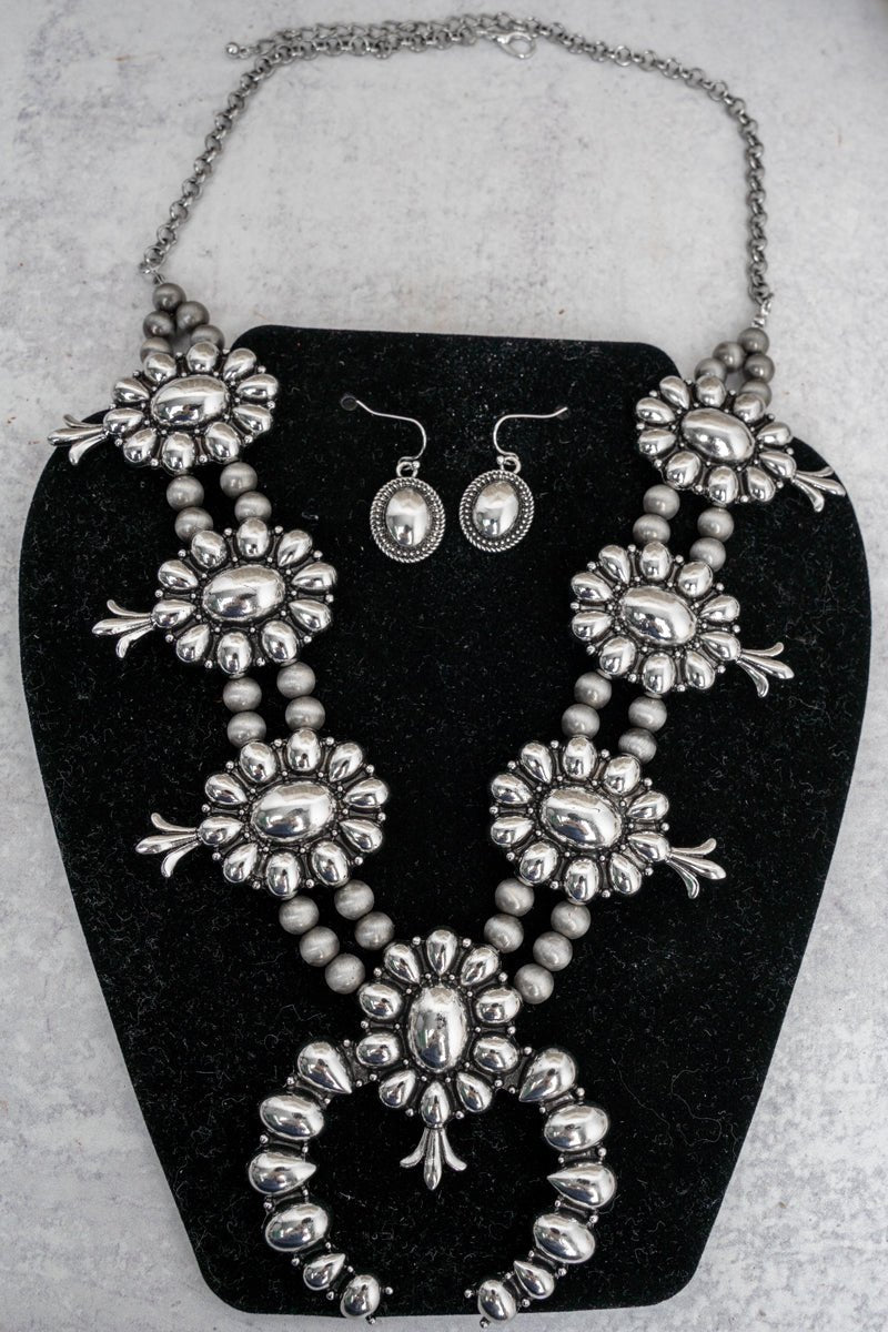 TIPI Steelridge Squash Blossom Silvertone Necklace and Earring Set - Wholesale Accessory Market