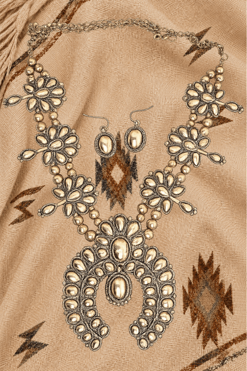 TIPI Ridgeflare Squash Blossom Goldtone Necklace and Earring Set - Wholesale Accessory Market