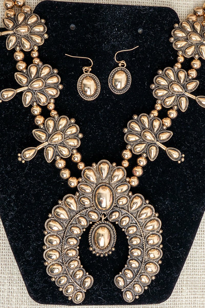 TIPI Ridgeflare Squash Blossom Goldtone Necklace and Earring Set - Wholesale Accessory Market