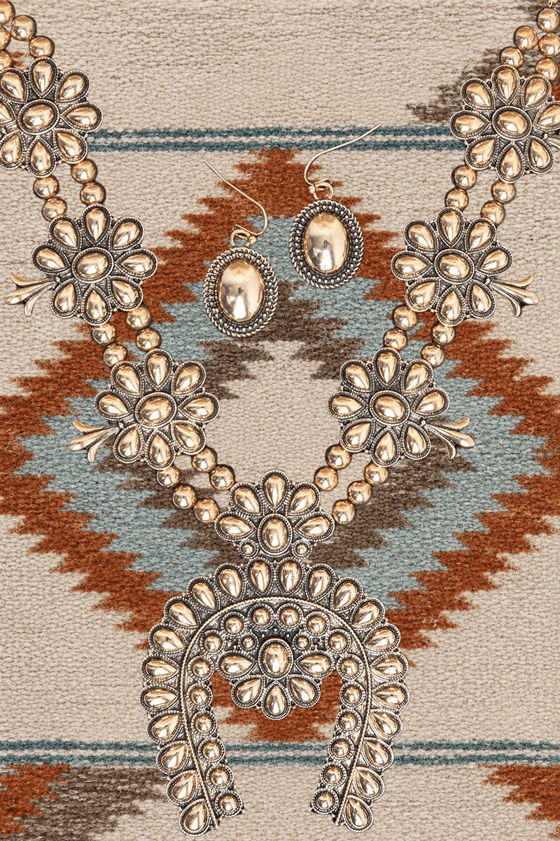 TIPI Longspur Squash Blossom Goldtone Necklace and Earring Set - Wholesale Accessory Market
