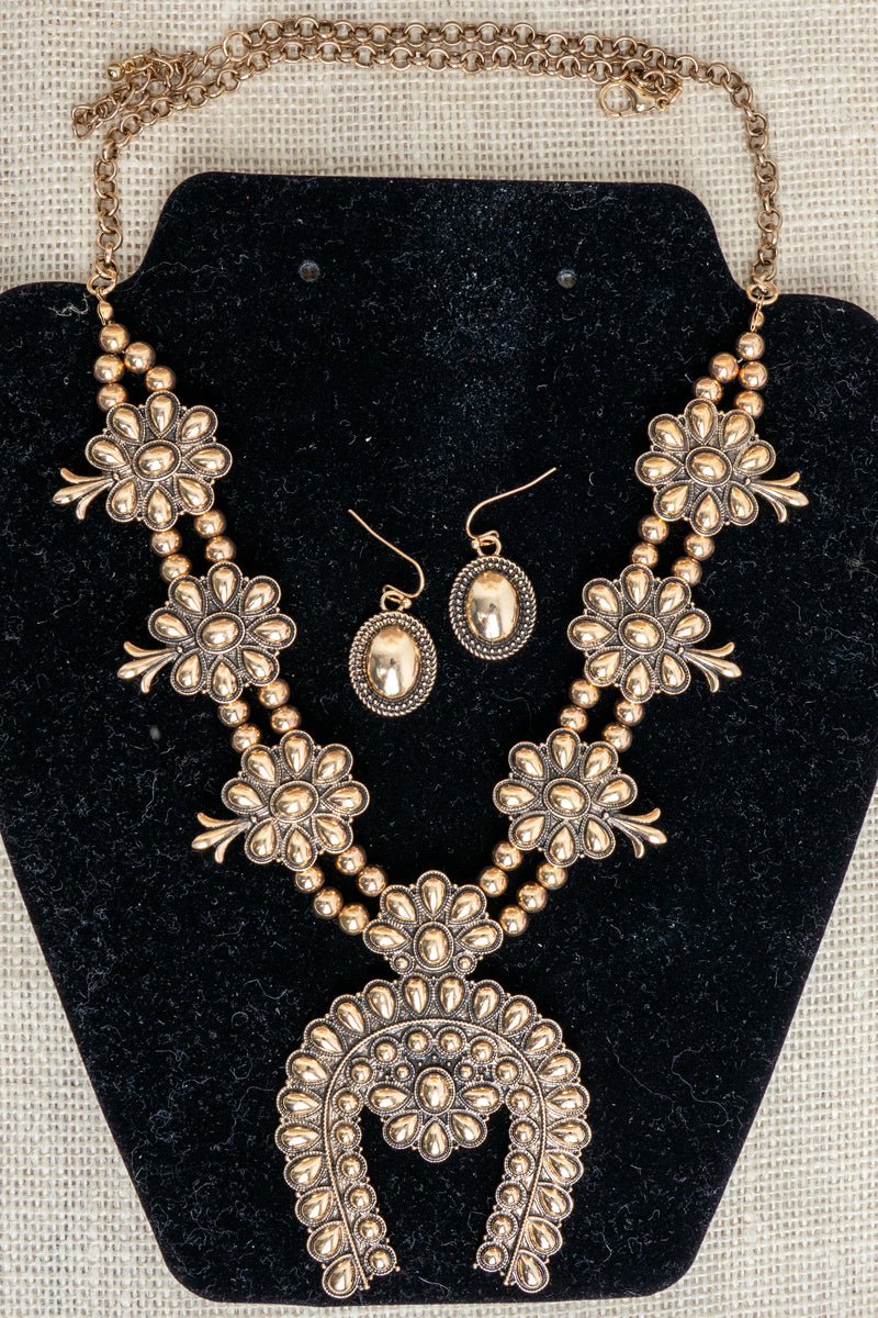 TIPI Longspur Squash Blossom Goldtone Necklace and Earring Set - Wholesale Accessory Market