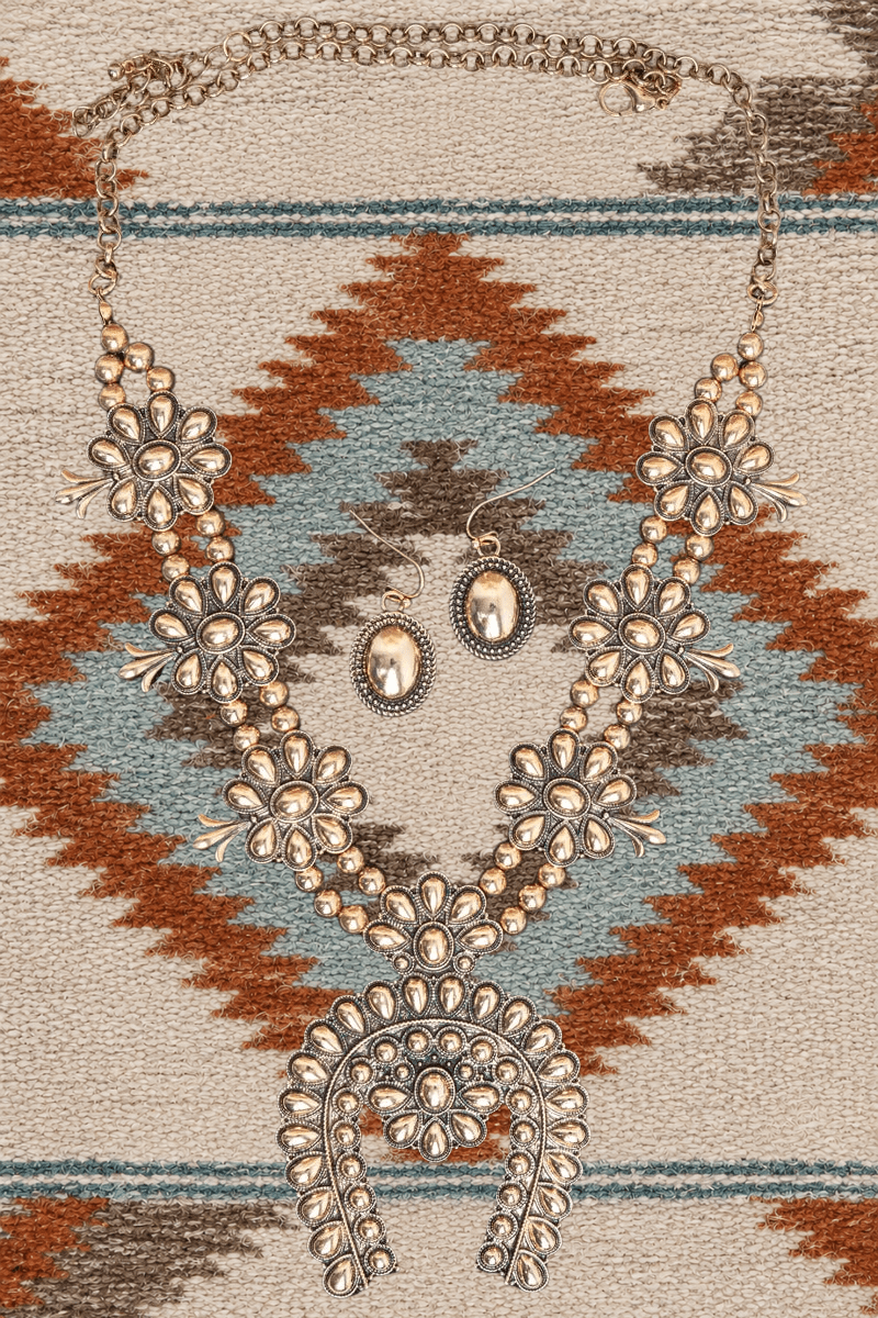 TIPI Longspur Squash Blossom Goldtone Necklace and Earring Set - Wholesale Accessory Market