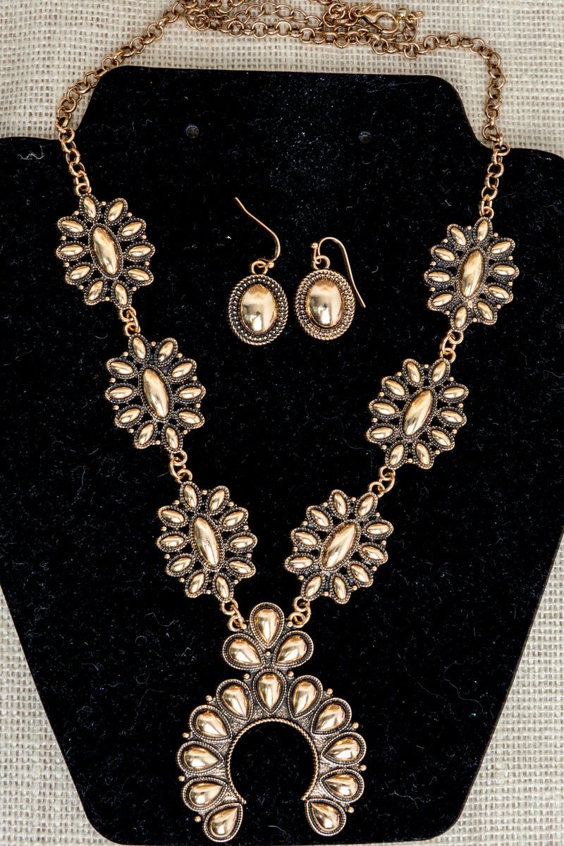 TIPI Highplains Squash Blossom Goldtone Necklace and Earring Set - Wholesale Accessory Market