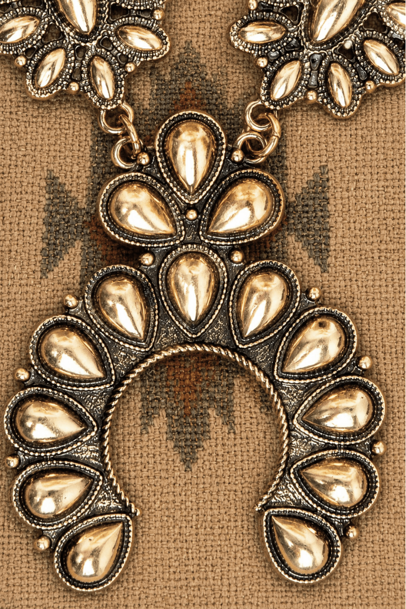 TIPI Highplains Squash Blossom Goldtone Necklace and Earring Set - Wholesale Accessory Market