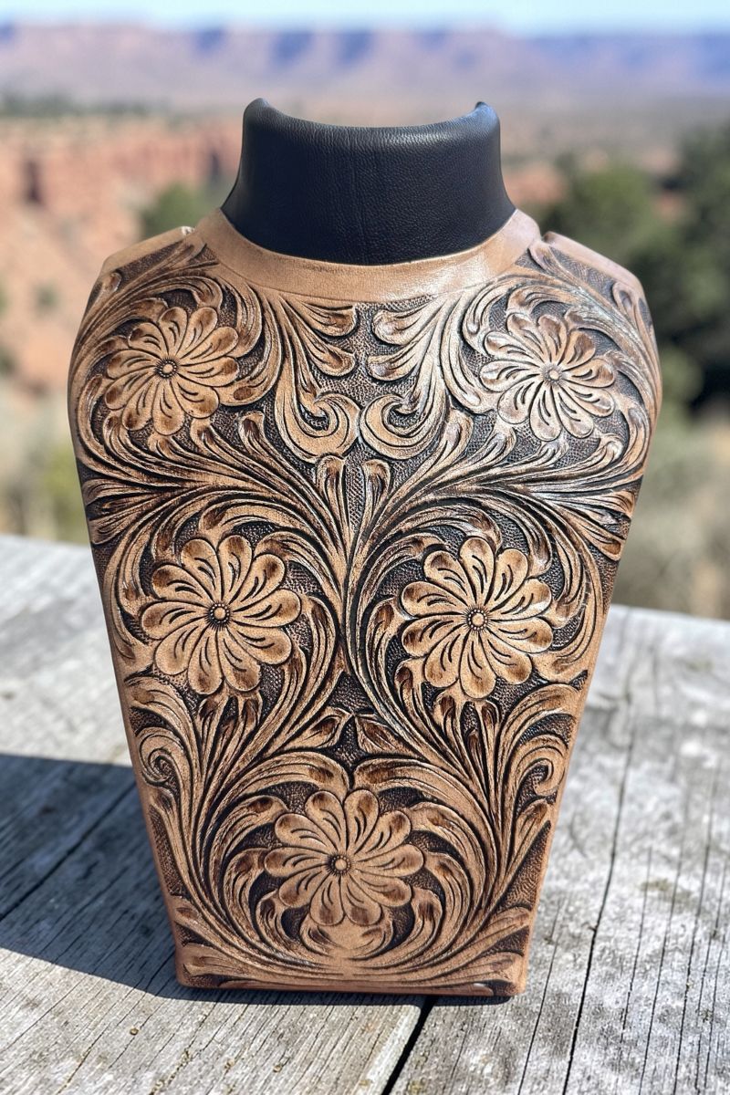 TIPI 11 x 8.5 Petal Ridge Brown Faux Tooled Leather Large Necklace Display - Wholesale Accessory Market