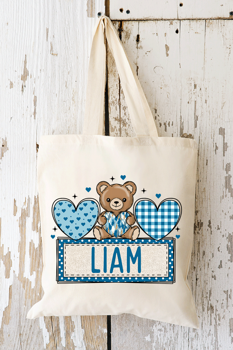 Personalized Blue Bear With Love Small Canvas Tote *Personalize Your Name