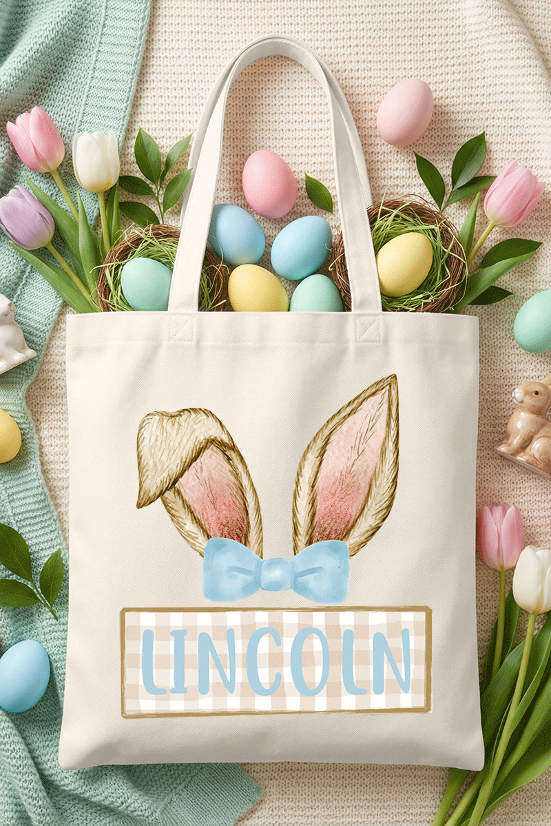 Personalized Blue Coquette Bunny Ears Small Canvas Tote *Personalize Your Name