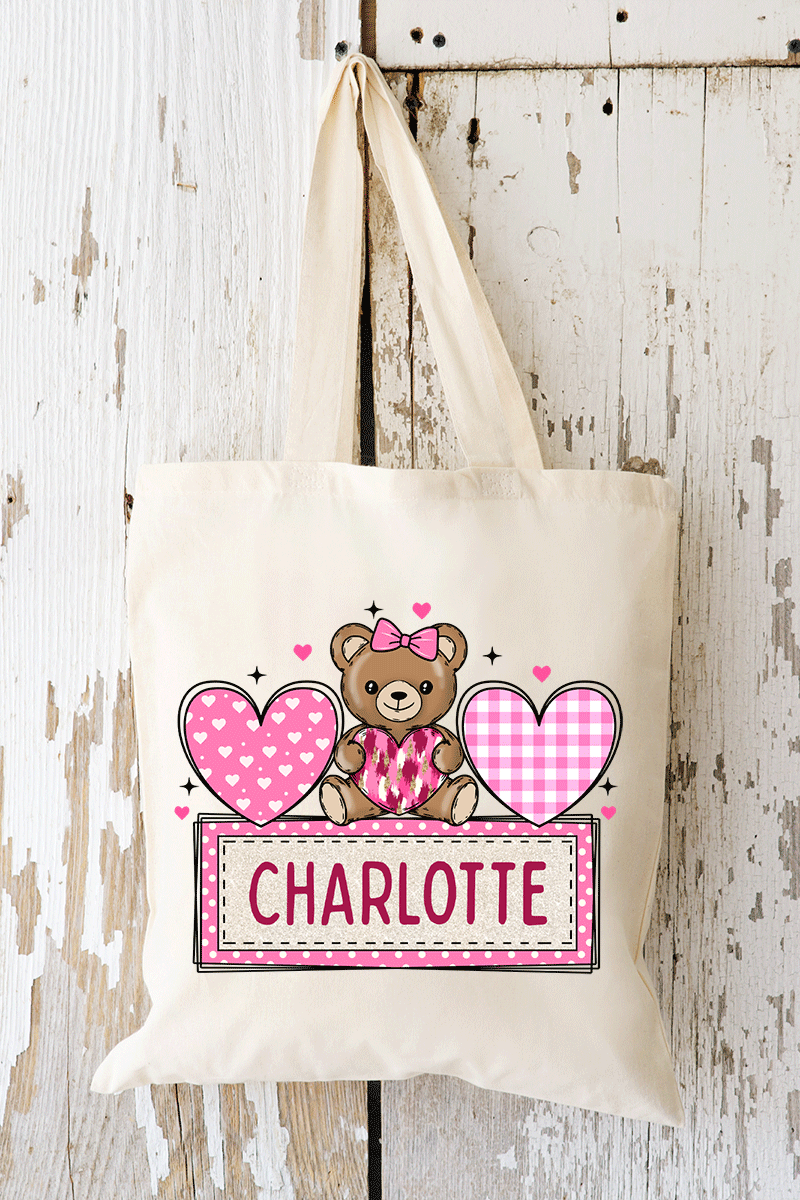 Personalized Pink Bear With Love Small Canvas Tote *Personalize Your Name