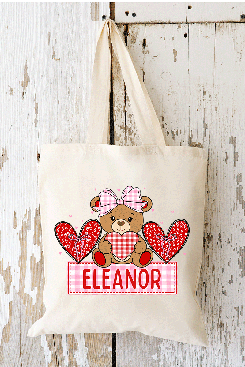 Personalized Pink Gingham Teddy Bear Small Canvas Tote *Personalize Your Name