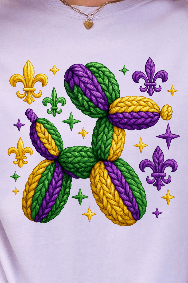 Faux Yarn Mardi Gras Balloon Dog Ready To Press DTF Transfer - Wholesale Accessory Market