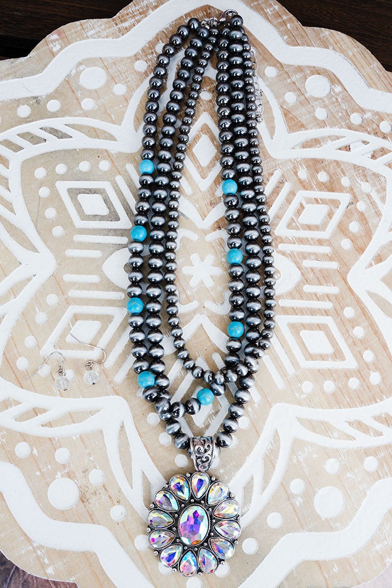 Viola Grit & Glam Silver Pearl and Turquoise Necklace and Earring Set - Wholesale Accessory Market