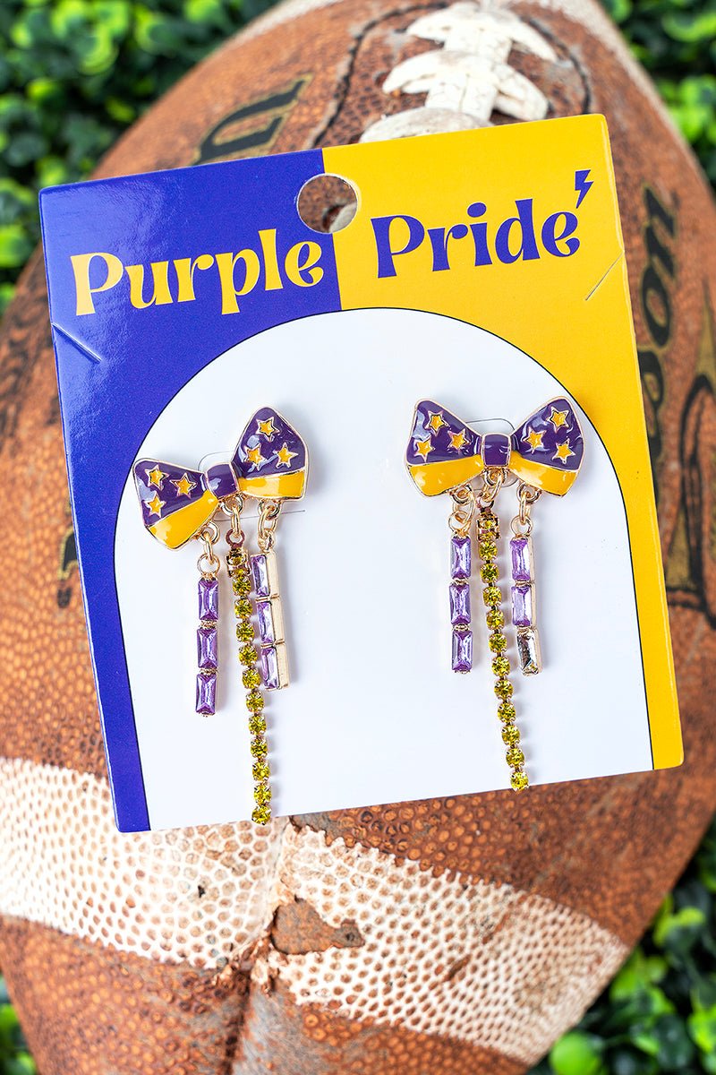 Cheer Your Team Purple Bow Sparkle Earrings - Wholesale Accessory Market