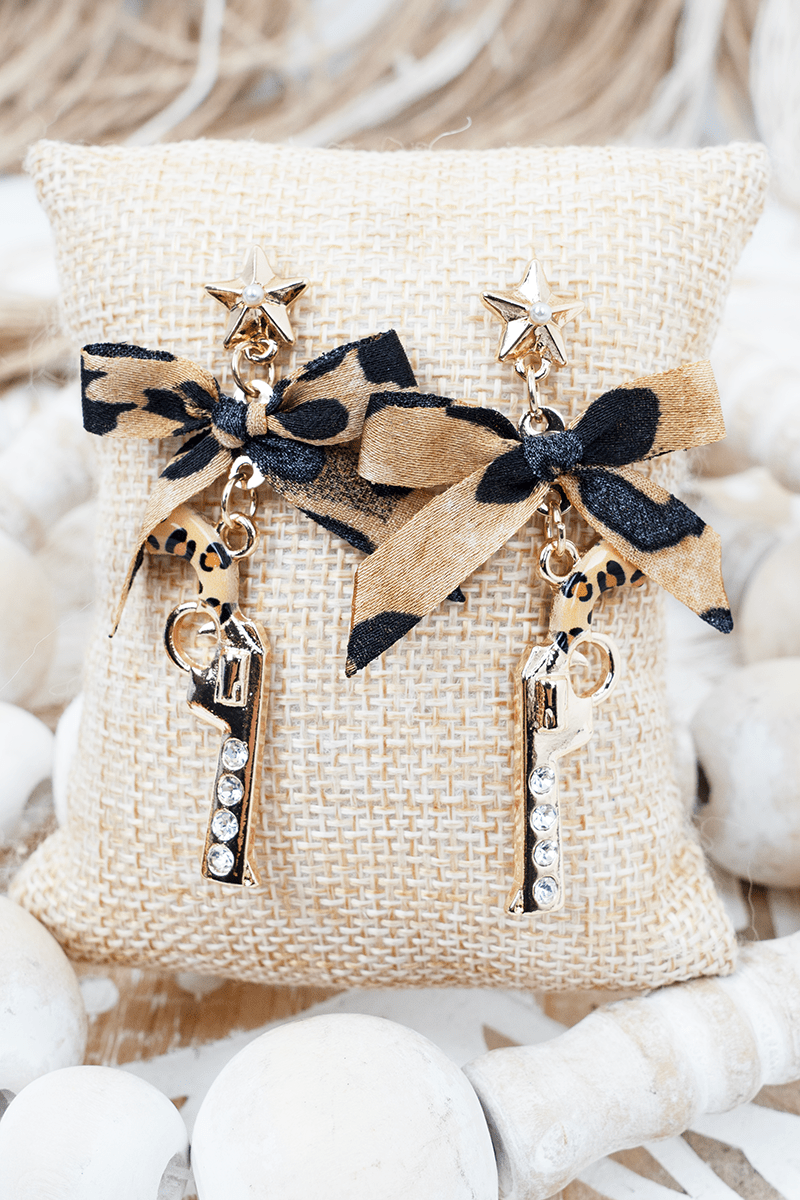 Shiny Luxe Lila Leopard Pistol Goldtone Earrings - Wholesale Accessory Market