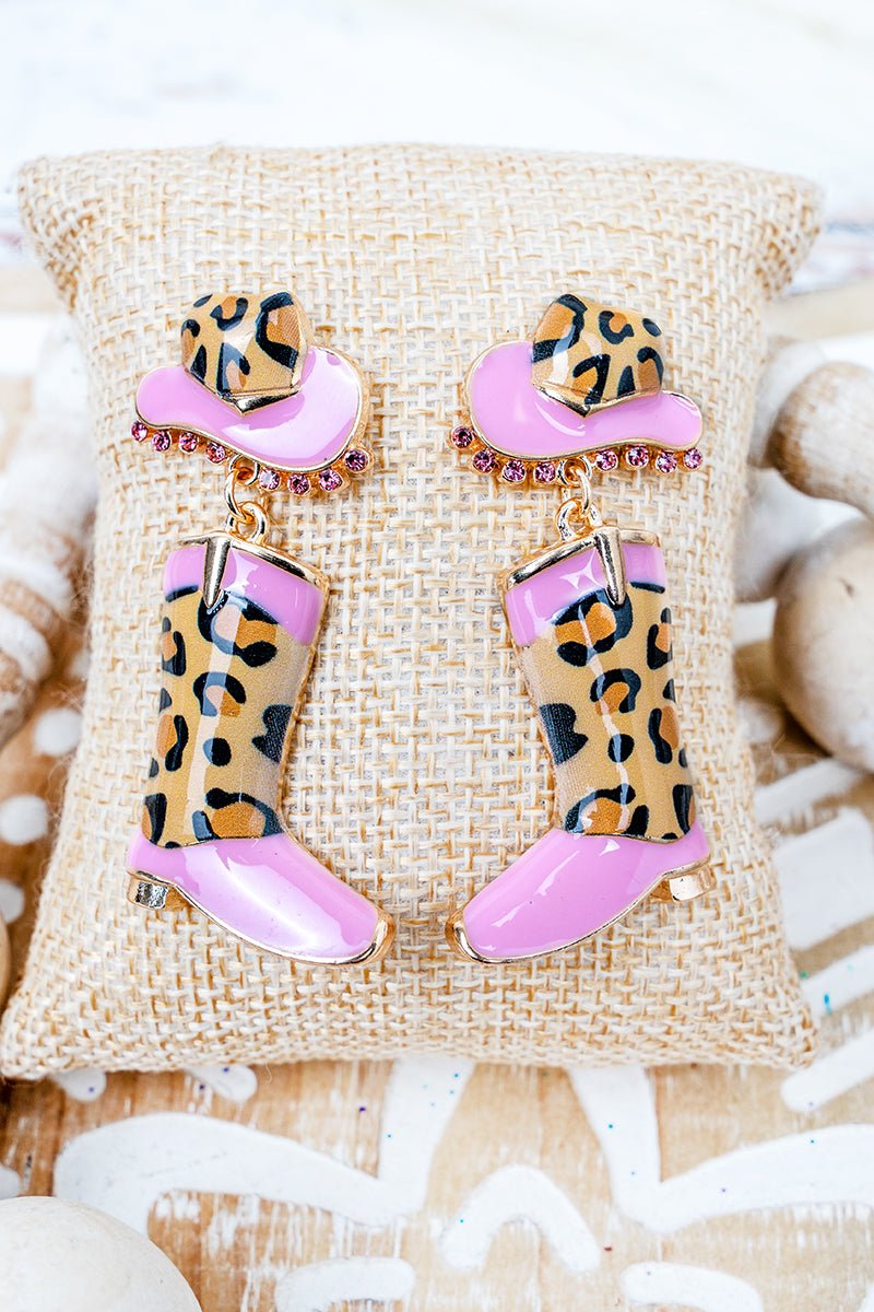 Shiny Luxe Pink Lola Leopard Hat & Boots Goldtone Earrings - Wholesale Accessory Market