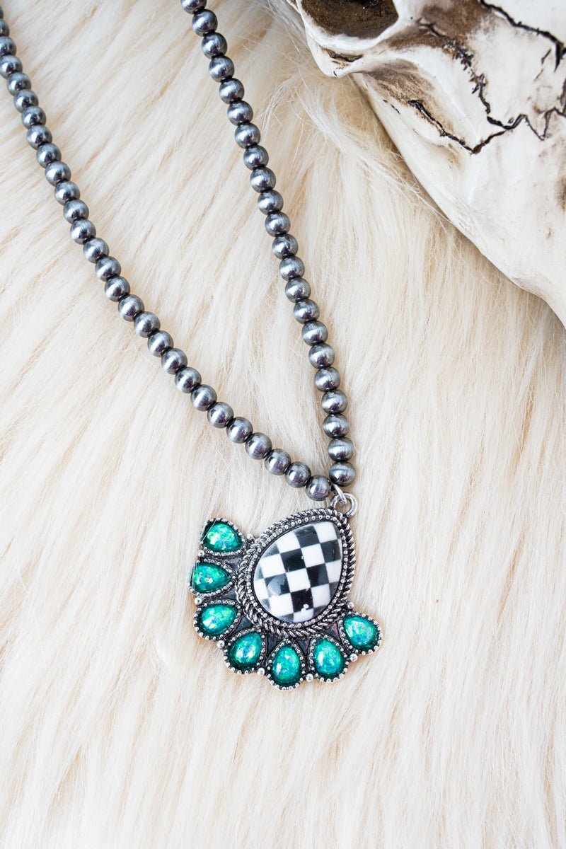 Shiny Luxe Turquoise Rodeo Check Teardrop Silver Pearl Necklace - Wholesale Accessory Market