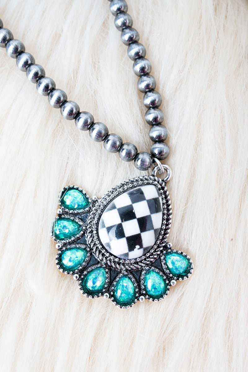 Shiny Luxe Turquoise Rodeo Check Teardrop Silver Pearl Necklace - Wholesale Accessory Market