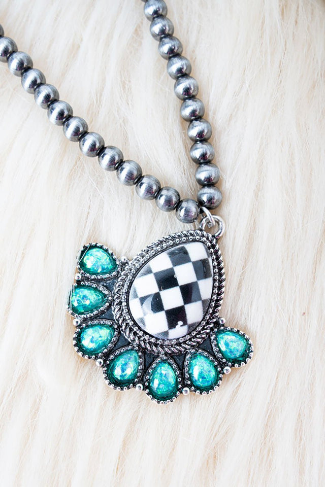 Shiny Luxe Turquoise Rodeo Check Teardrop Silver Pearl Necklace - Wholesale Accessory Market