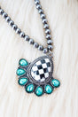 Shiny Luxe Turquoise Rodeo Check Teardrop Silver Pearl Necklace - Wholesale Accessory Market