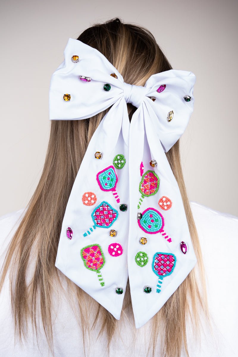 Viola White Pickle Ball Seed Bead Hair Bow Barrette - Wholesale Accessory Market